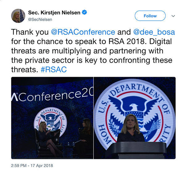 Here’s What You Missed at RSA Conference 2018 - Sec. Kirstjen Nielsen tweet